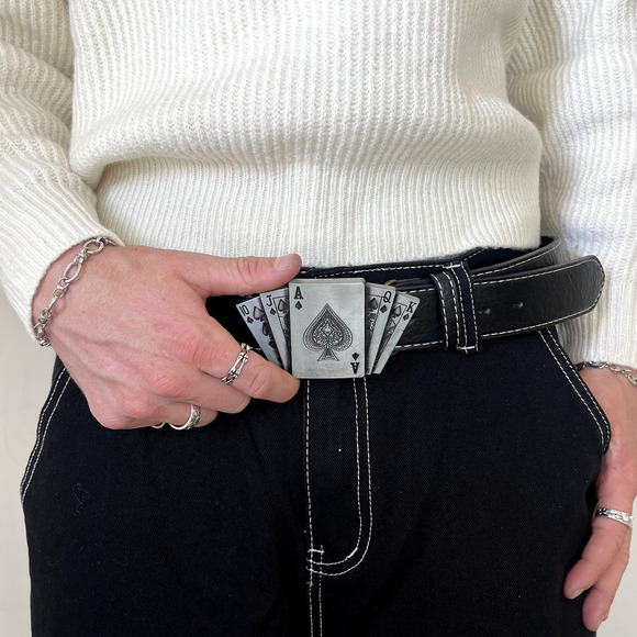 Y2k 2000s vintage chrome deck of cards black vegan leather belt - Picture 6 of 8